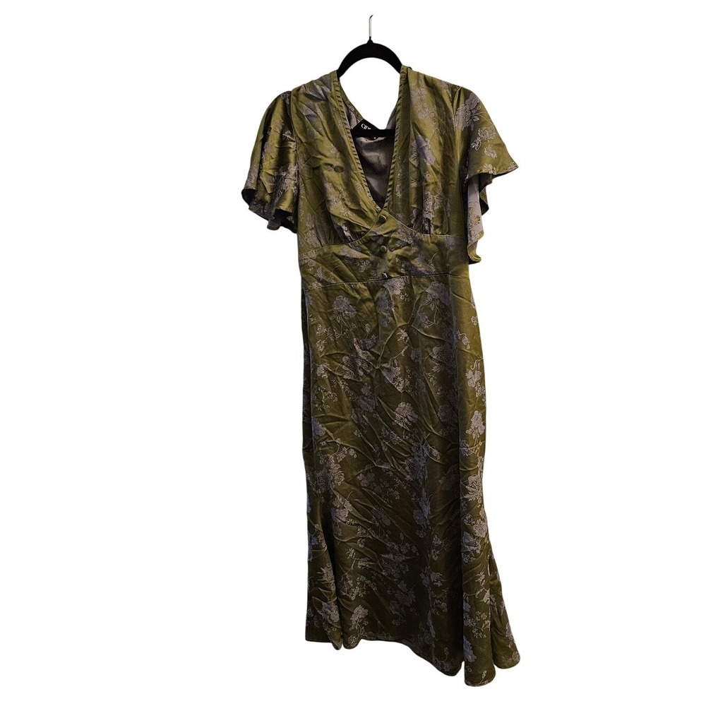 Cider Satin V-Neck Floral Mermaid Midi Dress Womens Olive GREEN